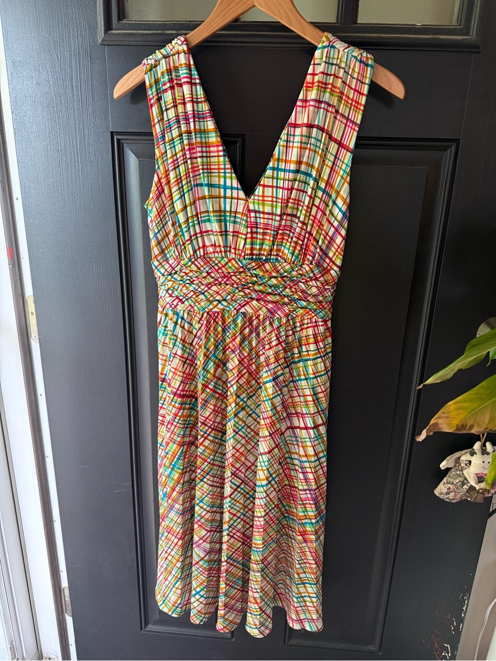 Vintage 80's Suzi Chin Maggie Boutique Midi Dress 6 Picnic Rainbow Plaid Pleated